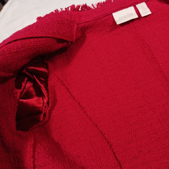 Chico's Red Jacket, Size 1, Double Breasted, 100% Cotton with Cotton Fringe - Picture 9 of 16